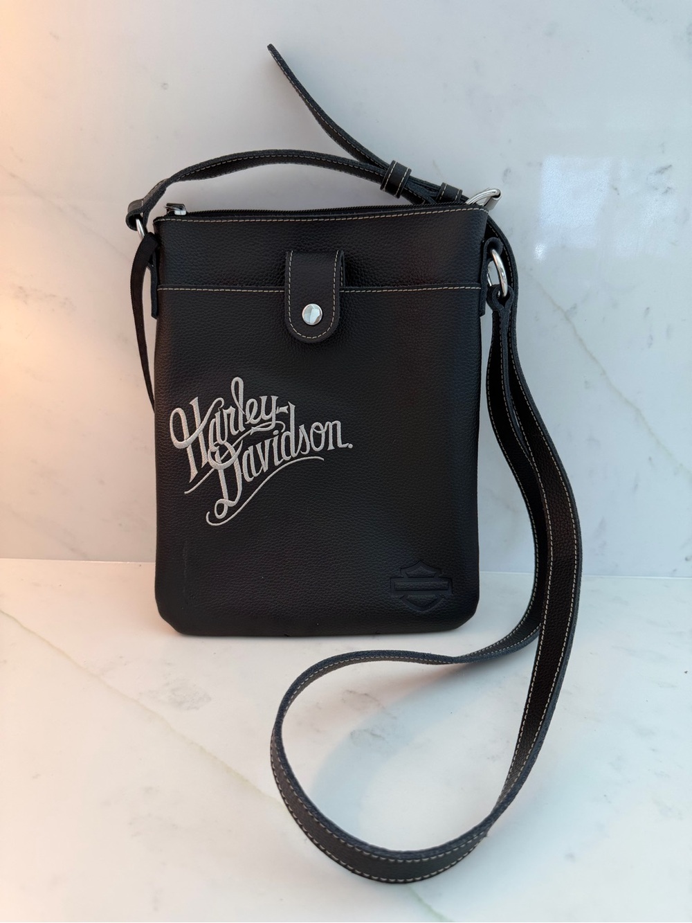 Harley-Davidson Black Pebbled Leather Crossbody with White Script Logo